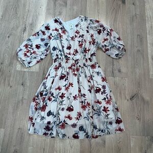 Enfocus Studio Pink Floral V-Neck Puff Sleeve Midi Dress